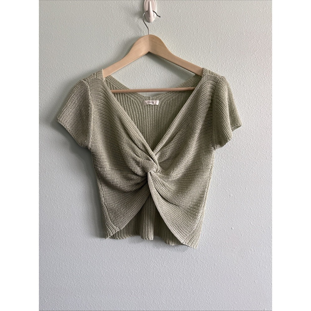 Active USA Twist Front Knit Sweater cropped top green boho‎ Womens Large